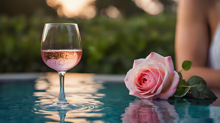 Pink Rose by Poolside Sparkling Drink with Flower Bokeh