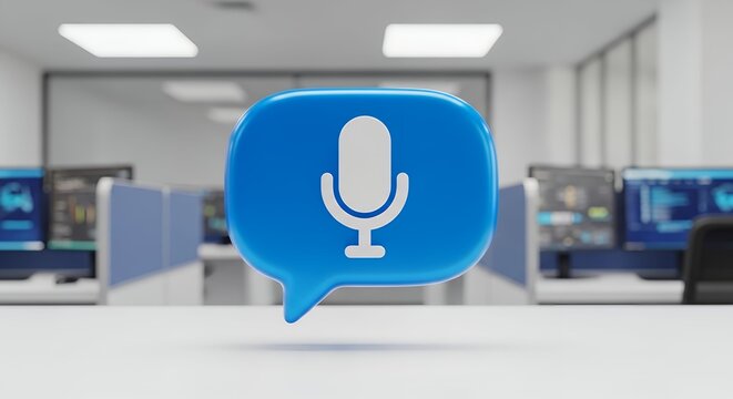 Blue Speech Bubble with Microphone Icon Representing Voice Control and AI Assistant in a Modern Office