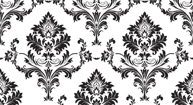 Black and white damask pattern, seamless vector background for fabric and wallpaper