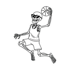 A skeleton wearing sunglasses and basketball uniform is about to dunk the ball, isolated on white background