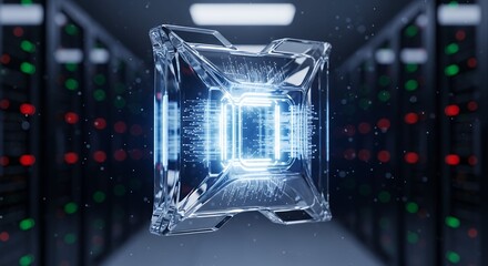 Glowing Digital Data Folder Icon in Server Room Representing AI and Cloud Computing