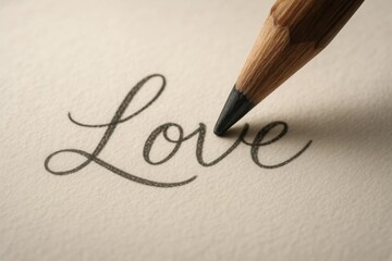 Fototapeta premium A wooden pencil is writing the word Love on a piece of paper