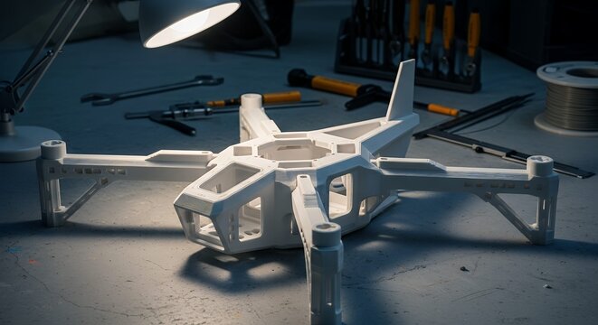 3D Printed Drone Frame Prototype on Workshop Bench with Tools and Lamp - Powered by Adobe