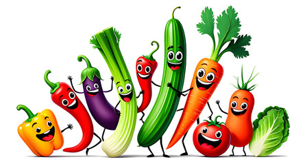 Happy cartoon vegetables grouped together on a black background