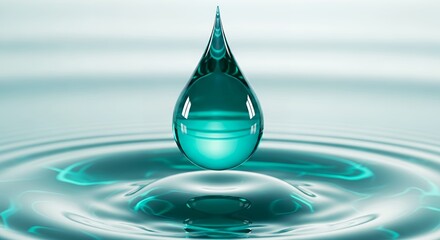 Close-up of a vibrant teal water drop suspended above a pristine liquid surface, creating concentric ripples.