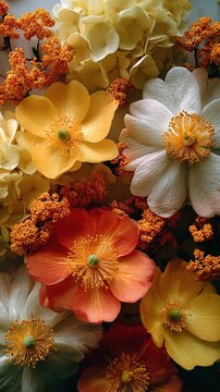 A beautiful allover flat lay of yellow light cam&Atilde;&copy;lias flower, including the white and red yellow paquerette flowers and little flowers orange