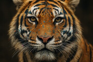 Naklejka premium A close-up of a majestic tiger with a strikingly vibrant mane of orange and black fur, its eyes reflecting a deep intensity as it gazes directly into the camera