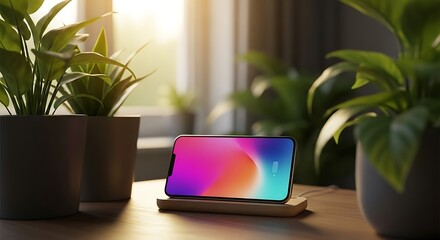 Fototapeta premium Modern workspace with smartphone on wireless charger and green plants for a cozy office environment and improved productivity
