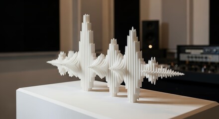 White 3D Sound Wave Sculpture Displayed on a Modern Speaker in a Home Audio Environment