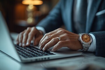Close-up of a person wearing a suit and a luxurious wristwatch typing on a laptop keyboard in a warmly lit indoor setting