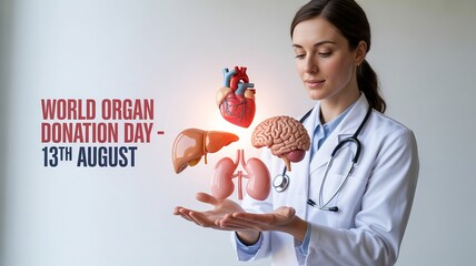 World Organ Donation Day celebrated with floating organs and caring doctor.