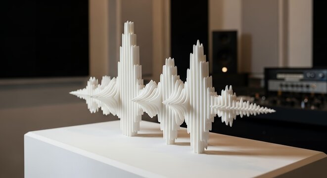 White 3D Sound Wave Sculpture Displayed on a Modern Speaker in a Home Audio Environment