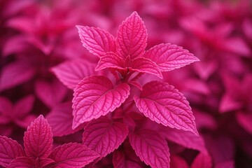 A close-up of vibrant pink leaves in a lush garden setting