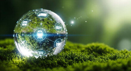 Futuristic vision of sustainable transportation, with a glowing global logistics network of icons inside a crystal sphere on green moss