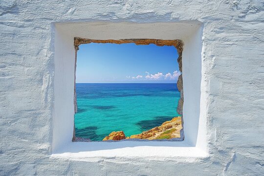 Fototapeta View of clear turquoise sea and rocky coastline seen through a rustic square opening in a white textured wall under a blue sky with scattered clouds