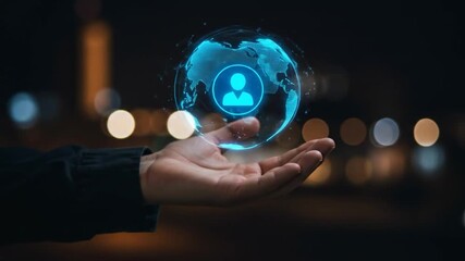Hand holding digital world globe with person icon representing global connection and networking - Powered by Adobe