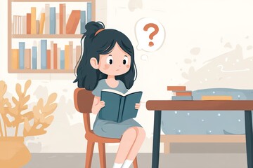 young girl wearing a casual and simple dress, reading a book while sitting on a chair in front of a wooden table