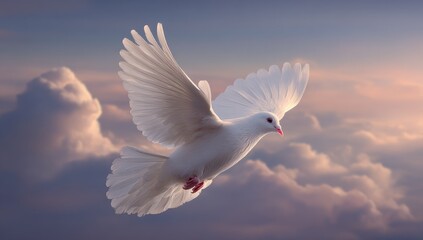 Fototapeta premium White dove soaring through a soft, pastel sky filled with fluffy clouds