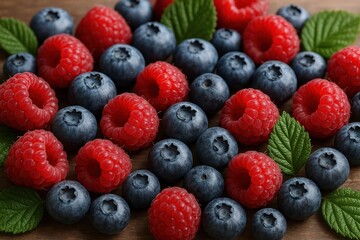 A vibrant display of fresh raspberries and blueberries on a wooden surface, with lush green leaves adding a touch of nature's bounty