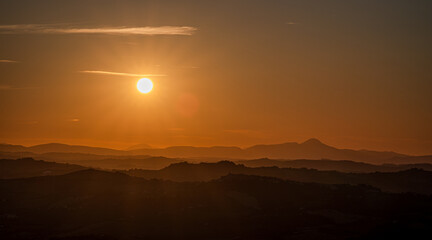 Marche, spectacular view and sunset on the Marche hills from the Ripatransone viewpoint.