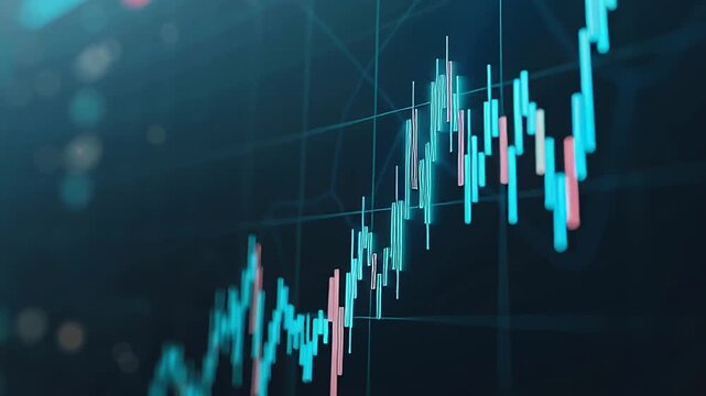 Abstract financial graph with vibrant candlesticks representing market trends and fluctuations.