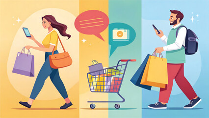 Online Shopping and Consumerism Illustration with Woman Man and Shopping Cart representing modern digital retail experiences and customer behavior