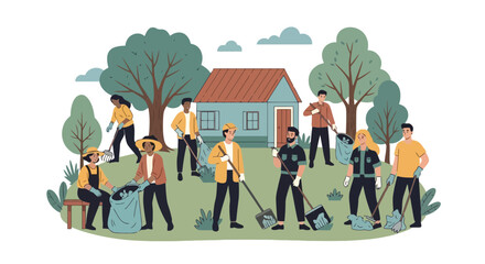 Community Cleanup Illustration Showcasing Volunteers Collecting Trash Around a House, Ideal for Promoting Environmental Awareness, Volunteer Programs, and Community Engagement Initiatives