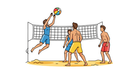 Energetic beach volleyball match illustration showcasing teamwork and athleticism, perfect for promoting summer sports, fitness activities, and beach vacations.