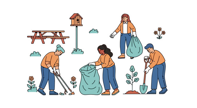 Volunteers cleaning up the park illustration to promote environmental awareness and community service projects, illustrating the importance of environmental stewardship and social responsibility.
