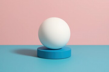 A White Sphere Rests on a Blue Base Against a Pink-Toned Canvas