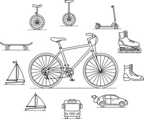 Transportation line art: bicycle, skateboard, roller skate, unicycle, sailboat, electric car, vector illustration