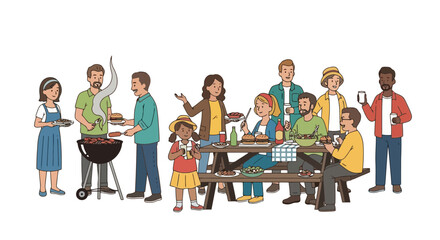 Illustrated outdoor barbecue scene depicting a diverse group of people enjoying a summer gathering, perfect for illustrating family events, community celebrations, and social gatherings.