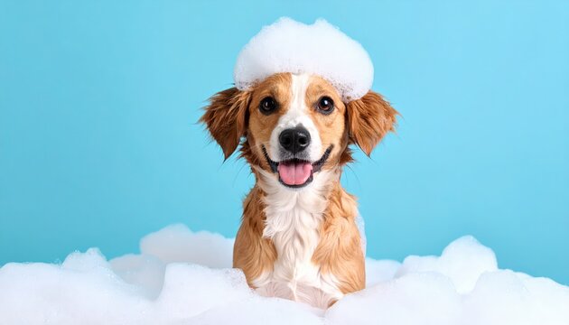 banner Smiling puppy little corgi dog after bath soap bubble foam wrapped in white towel Just washed cute dog at home copyspace. Fresh clean happy doggy wrapped after shower domestic