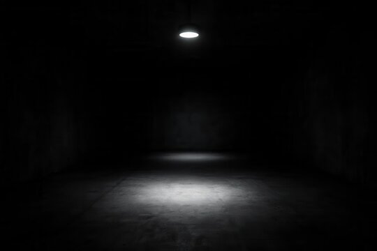 A solitary spotlight illuminates the darkness of a dimly lit room, casting an eerie glow on the untouched floor