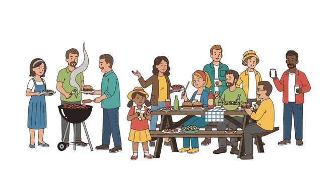 Illustrated outdoor barbecue scene depicting a diverse group of people enjoying a summer gathering, perfect for illustrating family events, community celebrations, and social gatherings.