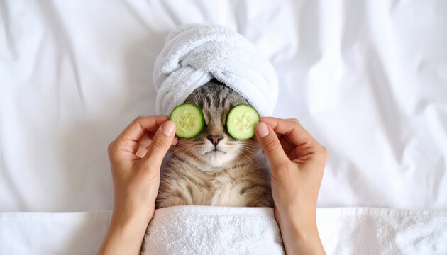 Cute kitten and pug puppy with towel on their heads with cream on their faces and with a pieces of cucumber on their eyes relaxing on the bed at spa salon. Top down view. Empty space for.
