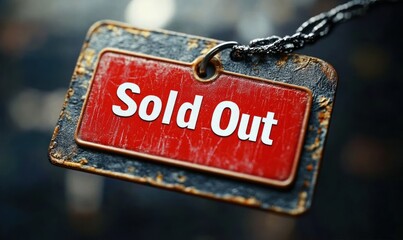 close-up of a worn rectangular metal tag with rust and scratches displaying the words sold out in bold white letters on a red background hanging by a dark braided cord