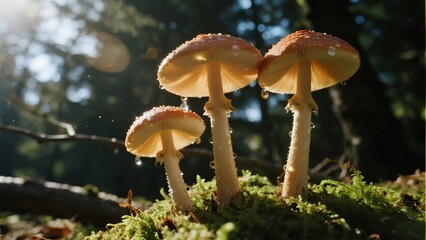 Fototapeta premium Three orange mushrooms growing on moss in a sunlit forest