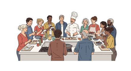 Engaging cooking class illustration featuring diverse participants learning culinary skills from a chef, ideal for promoting cooking schools, community events, and healthy eating initiatives.