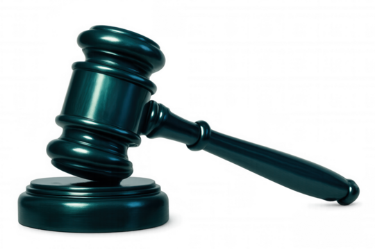 Green gavel resting on a sound block, rendered in 3d with transparent background, perfect for legal or auction themes