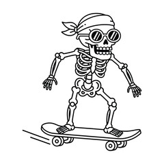 Skeleton with sunglasses riding a skateboard wearing a bandana isolated on white background
