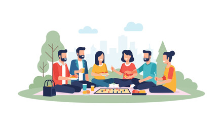 Group of Friends Enjoying a Picnic Together in a Park Setting Illustration, Suitable for Social Gatherings, Community Events, and Outdoor Recreation Promotion Graphics.