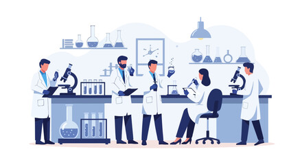Science Laboratory Scene with Researchers Conducting Experiments and Analysis. Suitable for illustrating scientific research, medical advancements, or educational content.