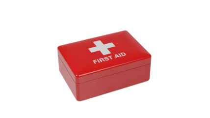 Red first aid kit box isolated on white background.