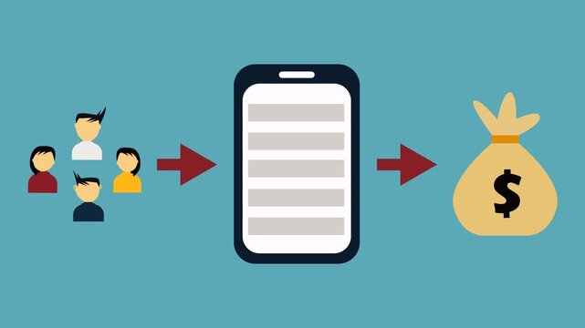 animated infographic footage that visualizes monetized content with objects people smartphone money