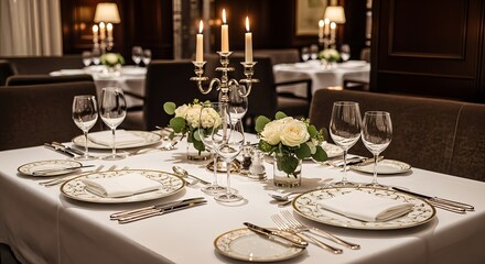 Fototapeta premium Elegant restaurant table setting with lit candles for romantic dinner ambiance