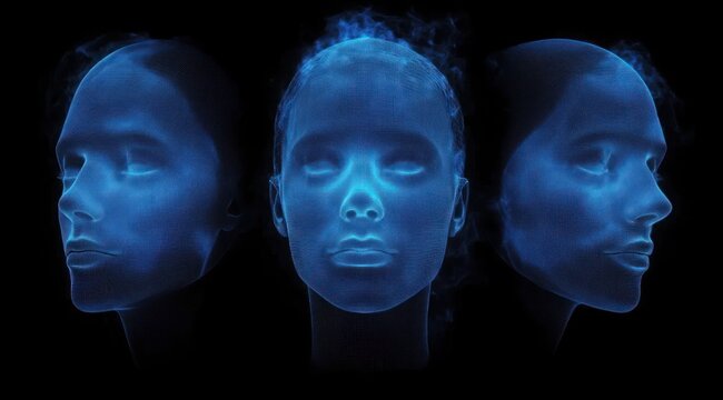 Three glowing blue digital human faces showing front and side views with a futuristic and ethereal appearance on black background
