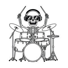 A skeleton with headphones is playing the drums with enthusiasm and energy isolated on white background