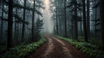 Fototapeta premium Foggy Woodland Trail Surrounded by Tall Pine Trees - Tranquil Landscape 