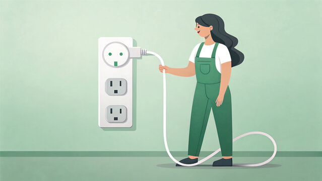 Woman plugging in a power cord into a wall socket connecting to the electrical outlet for power in a home or office setting